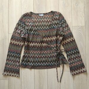 Wallis Faux Wrap Crochet Style Flare Long Sleeve Top Size 14